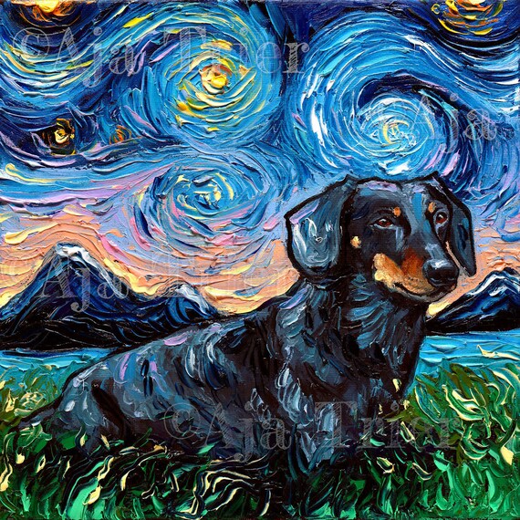Black and Tan Dachshund Art Starry Night Art Print dog picture by Aja choose size on Photo Paper or Watercolor Paper