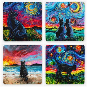 Set of 4 Coasters Square Starry Night Black Cats 4x4 in anti-skid Neoprene rubber back and fabric top Art by Aja 4 Different Designs image 1