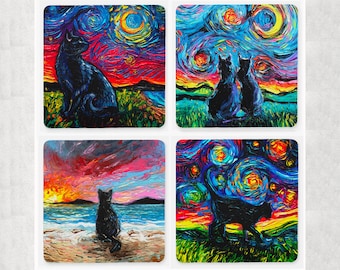 Set of 4 Coasters  Square Starry Night Black Cats 4x4 in antiskid Neoprene rubber back and fabric top Art by Aja 4 Different Designs
