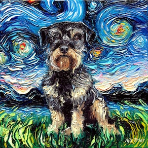 Schnoodle Starry Night  Dog Oil Painting  Original Art by Aja  12x12 inches Palette knife impasto canvas pet artwork