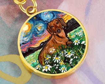 Brauner Dackel Schlüsselanhänger Personalisierte Sternennacht Hund und Gänseblümchen Schlüsselanhänger Haustier Gedenkgeschenk