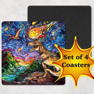 Coasters  Set of 4 Jurassic Starry Night Tyrannosaurus Rex Asteroid Dinosaur 4x4 inch Square antiskid rubber back and fabric top Art Aja
