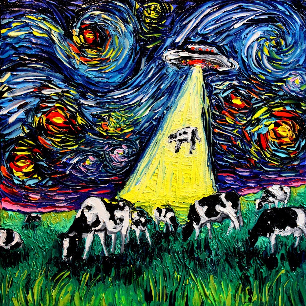Van Gogh Starry Night UFO Cow Canvas Art Print - Etsy
