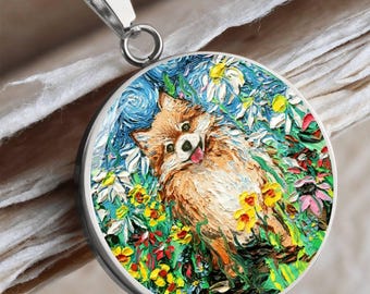 Engraved Dog Necklace Pomeranian Customized Dog Pendant Charm Jewelry Spring Floral Dog Necklace Personalized Memorial Gift