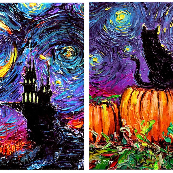Halloween Print Set 2 8x10 inch prints Starry Night art spooky fall artwork by Aja impressionism black cat haunted house Dracula castle