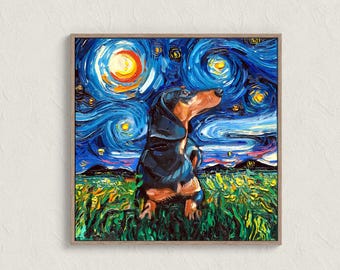 Dachshund Starry Night Art Print, Black and Tan Dog Lover Gift