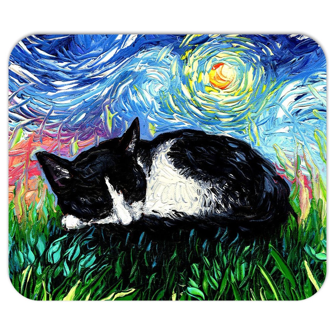 Mousepad Sleeping Tuxedo Kitten Starry Night Cat Computer Etsy