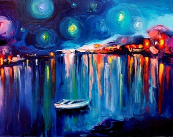 Midnight Harbor XXII - 8x12 abstract boats Lustre print reproduction by Aja ebsq