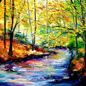 Landscape Print  Tree Art  Autumn Art  Yellow Leaves  Forest Art  landscape by Aja - Down By The Stream 20x30