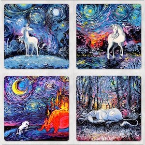 Set of 4 Coasters - Square Starry Night Unicorn 4x4 in anti-skid Neoprene rubber back and fabric top Fantasy Art by Aja 4 Different Designs