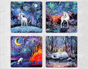 Set of 4 Coasters - Square Starry Night Unicorn 4x4 in anti-skid Neoprene rubber back and fabric top Fantasy Art by Aja 4 Different Designs