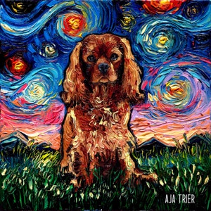 May include: A painting of a Cavalier King Charles Spaniel dog in a field of green grass with a starry night sky background. The dog is brown and white and has a long, flowing coat. The sky is blue and purple with white stars. The painting is done in a style reminiscent of Vincent van Gogh's Starry Night.