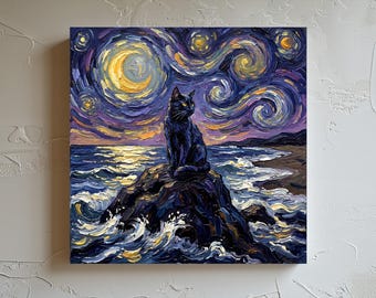 Black Cat Art Print Starry Night Beach Home Decor Paper or Canvas