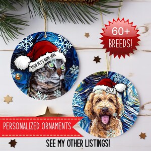 Pu&ograve; includere: Due ornamenti rotondi in ceramica con un gatto e un cane che indossano cappelli da Babbo Natale su uno sfondo blu vorticoso con fiocchi di neve bianchi. L'ornamento del gatto riporta il testo YOUR PET'S NAME HERE e quello del cane BELLA.
