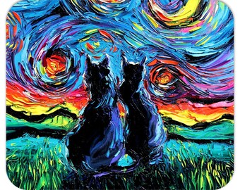 Black Cat Starry Night Mousepad, Impressionist Art Office Decor