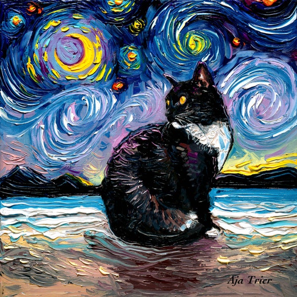 Tuxedo Cat on Beach Starry Night Art Print picture by Aja choose size and type of paper - Photo Paper or Watercolor Paper home decor