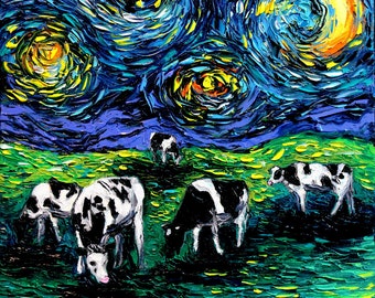 Starry Night Cows CANVAS Art - Cow Art print Starry Starry Pasture Aja choose size Country farm animal farmer midwest decor