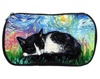 Sleeping Tuxedo Kitten Cat Starry Night Art Cosmetic Bag Neoprene Rubber Colorful Makeup Pouch Travel Bag Art By Aja Artwork