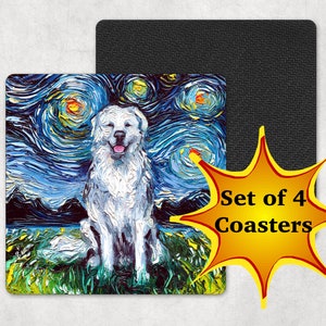 Coasters  Set of 4 Great Pyrenees Square Starry Night Dog 4x4 inch antiskid rubber back and fabric top Art by Aja Home Decor
