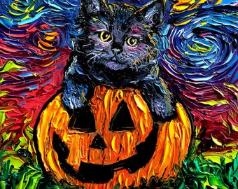 Black Kitten in Jack O Lantern Pumpkin Halloween Starry Night Art by Aja DIGITAL DOWNLOAD