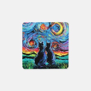Set of 4 Coasters Square Starry Night Black Cats 4x4 in anti-skid Neoprene rubber back and fabric top Art by Aja 4 Different Designs image 3