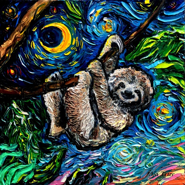 Cute 3 Toed Sloth Art Starry Night Art Print picture by Aja choose size and type of paper Photo Paper or Watercolor Paper artwork home decor