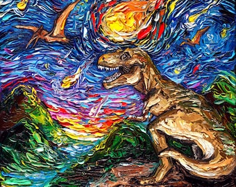 T-Rex Starry Night Canvas Art Print, Jurassic Dinosaur Decor