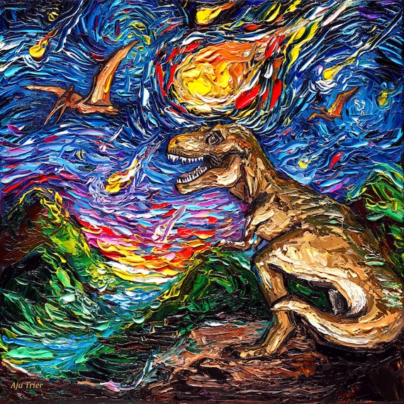 T-rex Starry Night Canvas Art Print, Jurassic Dinosaur Decor - Etsy