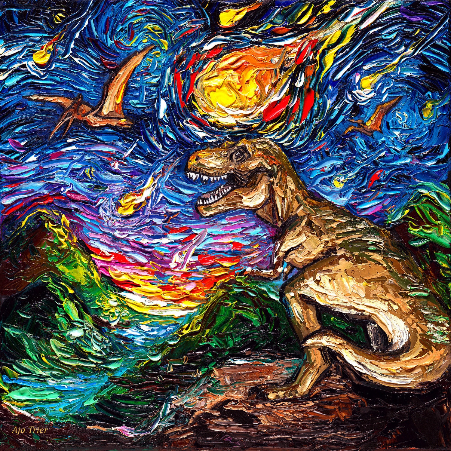 Tyrannosaurus Rex Dinosaur Jurassic Starry Night Art CANVAS Print