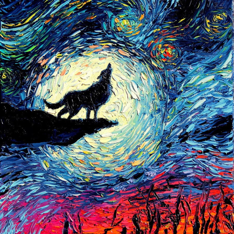 May include: A painting of a wolf howling at the moon in a starry night sky. The wolf is silhouetted against a bright yellow moon, and the sky is a swirling mix of blue, green, and yellow.