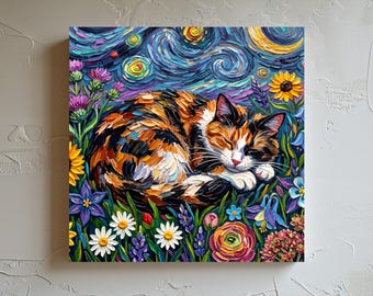 Calico Cat Floral Art Print Starry Night Home Decor Paper or Canvas