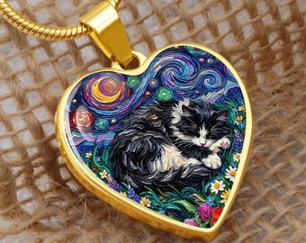 Collar de arte popular con diseño de gato esmoquin y luna estrellada, joyería personalizada.