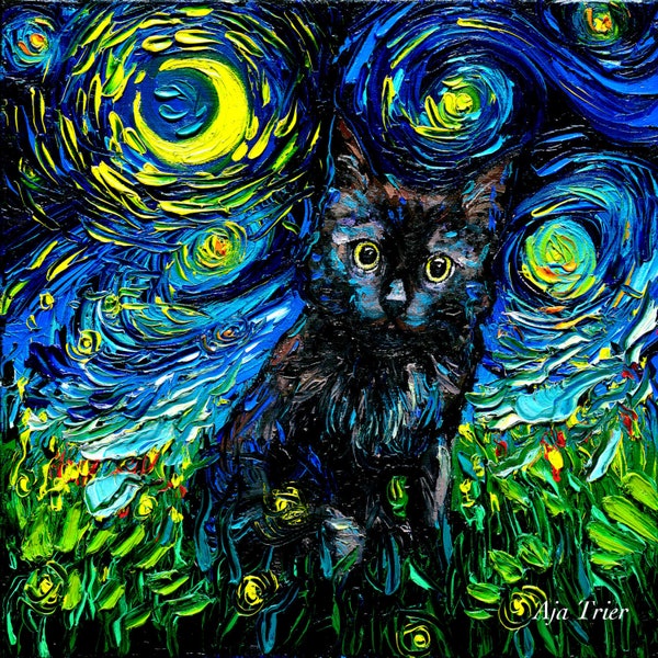 Black Cat Starry Night Painting Print | Black Cat Art | Cat Lover Gift | Starry Cat Print | Gallery Wall Art | Impressionist Cat | Aja Art
