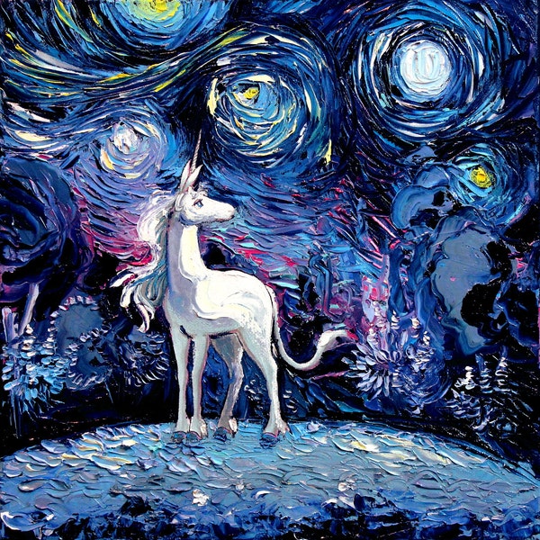 Last Unicorn Art - Starry Night Giclee print van Gogh Never Saw The Last by Aja choose size and type of paper