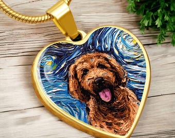 Goldendoodle Halsband: Hjärthänge med stjärnklar natt, graverat minnesmärke för husdjur