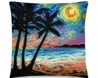 Tropical Starry Night Basic Throw Pillow with insert Art by Aja Coastal Beach Palm Trees home decor summer artwork