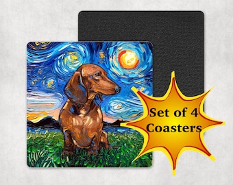 Coasters - Set of 4 Brown Short Hair Dachshund Square Starry Night Dog 4x4 inch anti-skid rubber back and fabric top Art by Aja Doxie Decor