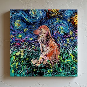 Dog Art Canvas Print Starry Night Brown Long Hair Dachshund Dog Lover Gift Doxie Print Gallery Wall Art Impressionist Dog Mom Home Decor