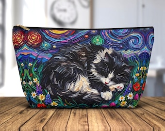 Tuxedo Cat Cosmetic Bag Starry Night Makeup Pouch