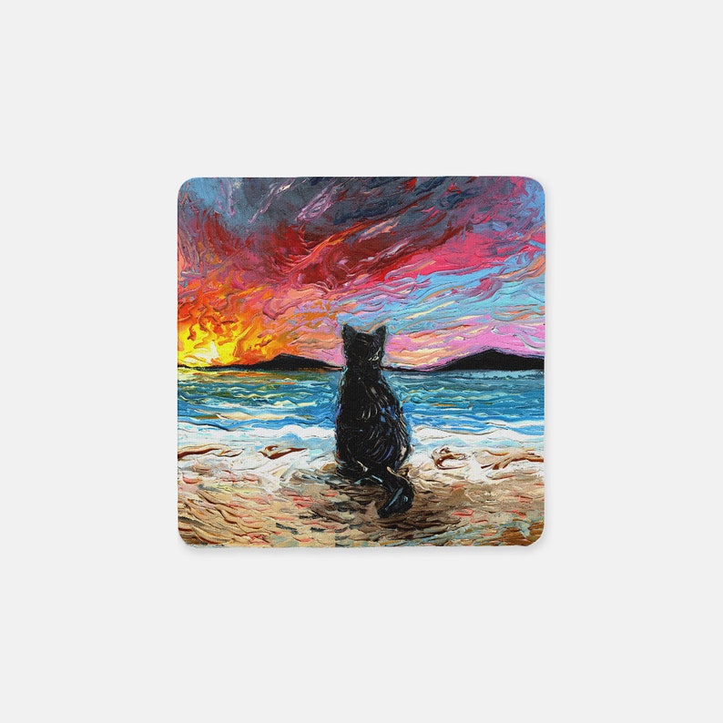 Set of 4 Coasters Square Starry Night Black Cats 4x4 in anti-skid Neoprene rubber back and fabric top Art by Aja 4 Different Designs image 4