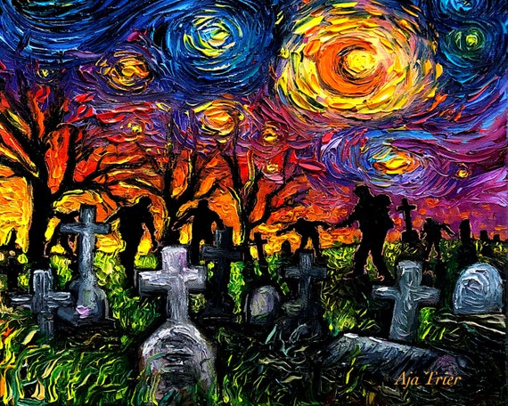 Halloween CANVAS PRINT Starry Night of the Living Dead Art by Aja