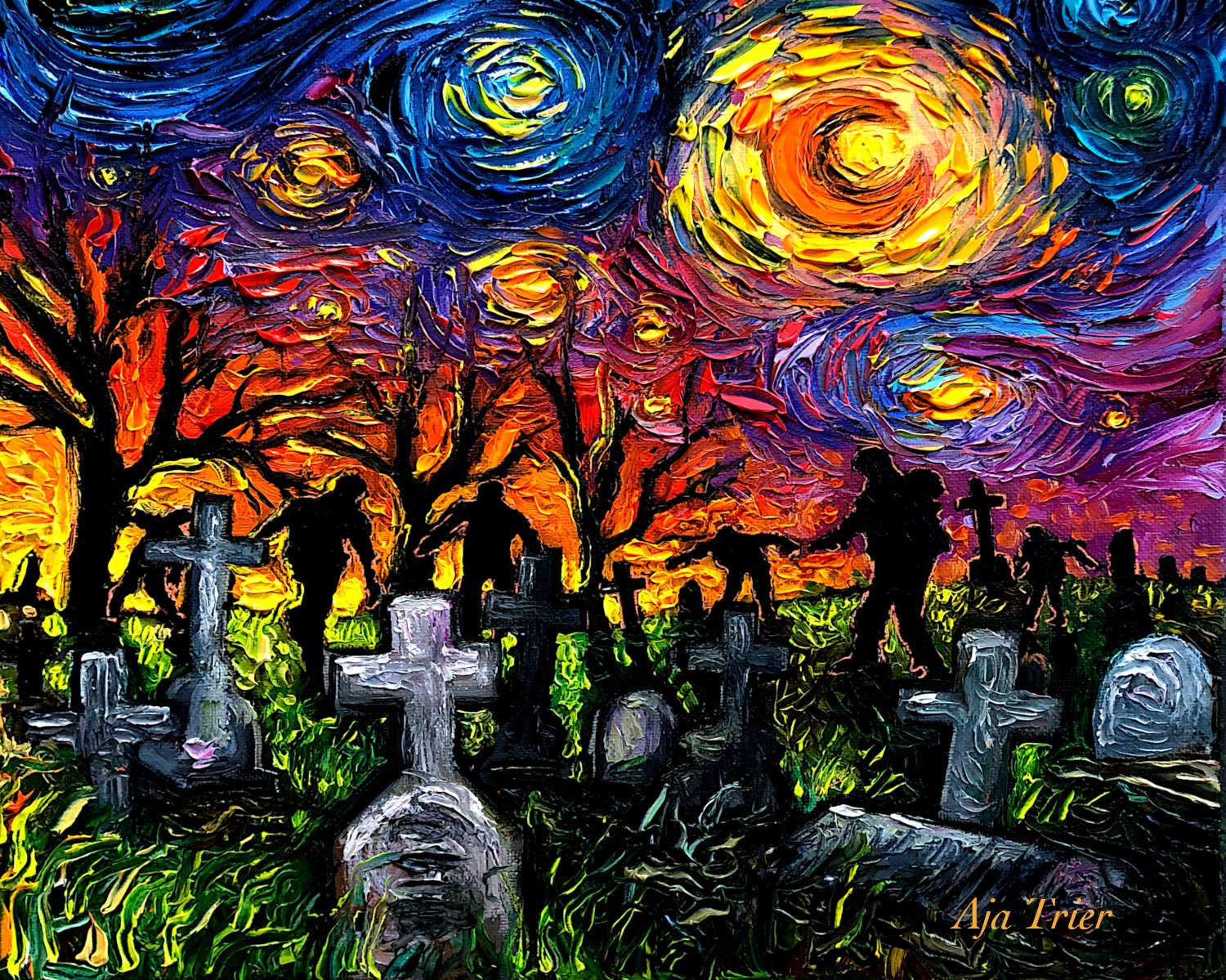Halloween CANVAS PRINT Starry Night of the Living Dead Art by Aja