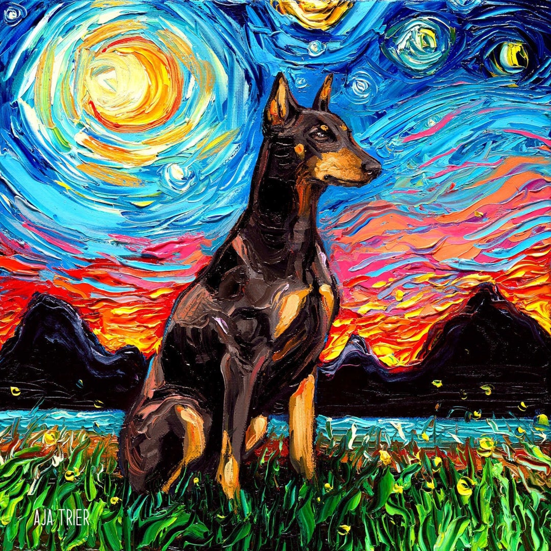 Red Doberman Pinscher Art Starry Night Art Print Dog Picture by