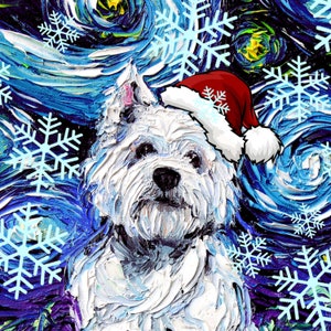Digital Download of West Highland Terrier in Santa hat Starry Night art by Aja - PNG file print your own Christmas ornament / greeting card