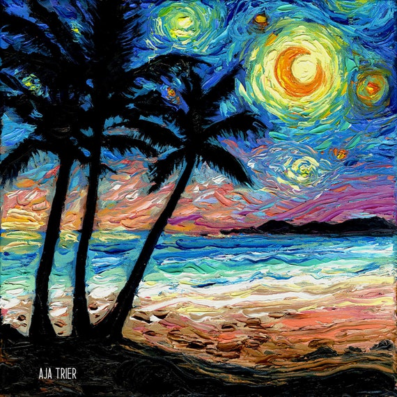 ⭐️ Ocean Art With Palm Trees⭐️ Tropical Starry Night Beach Palm Trees Art CANVAS Print by
