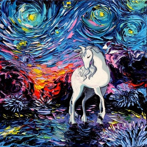 Last Unicorn Art - Starry Night art print Regret by Aja fantasy artwork impressionism choose size, square and rectangle formats