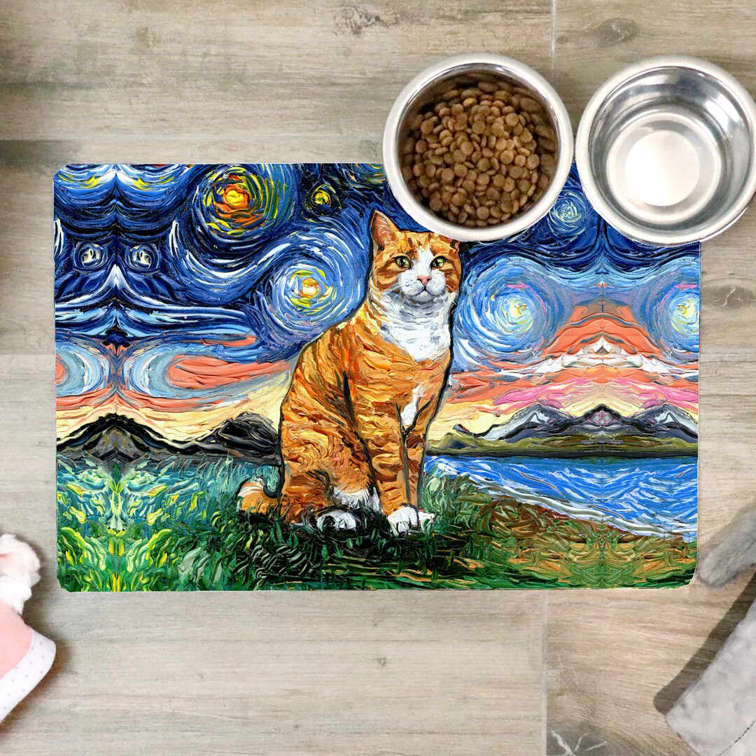 pet-mat-orange-tuxedo-tabby-starry-night-cat-feeding-mat-etsy