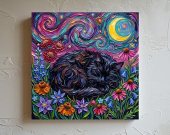 Black Cat Floral Art Print Starry Night Home Decor Paper or Canvas