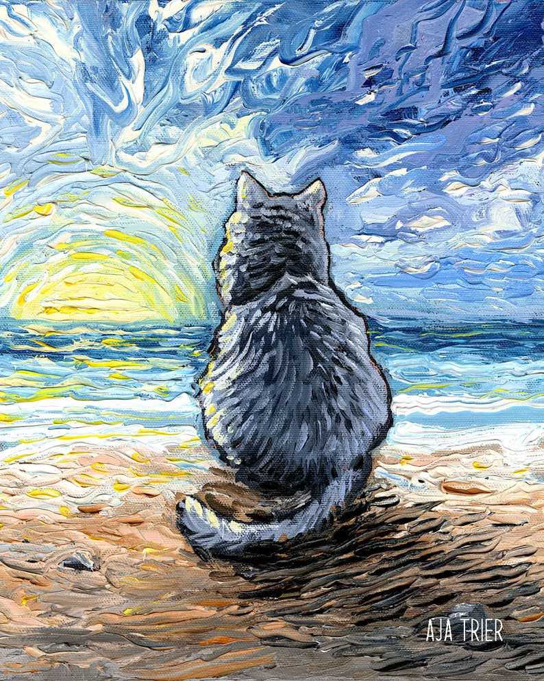 Nebelung Cat Sunset Beach Art Print by artist Aja Trier of Sagittarius Gallery