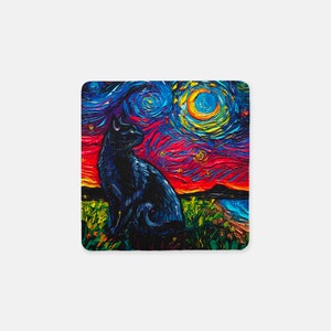 Set of 4 Coasters Square Starry Night Black Cats 4x4 in anti-skid Neoprene rubber back and fabric top Art by Aja 4 Different Designs image 2